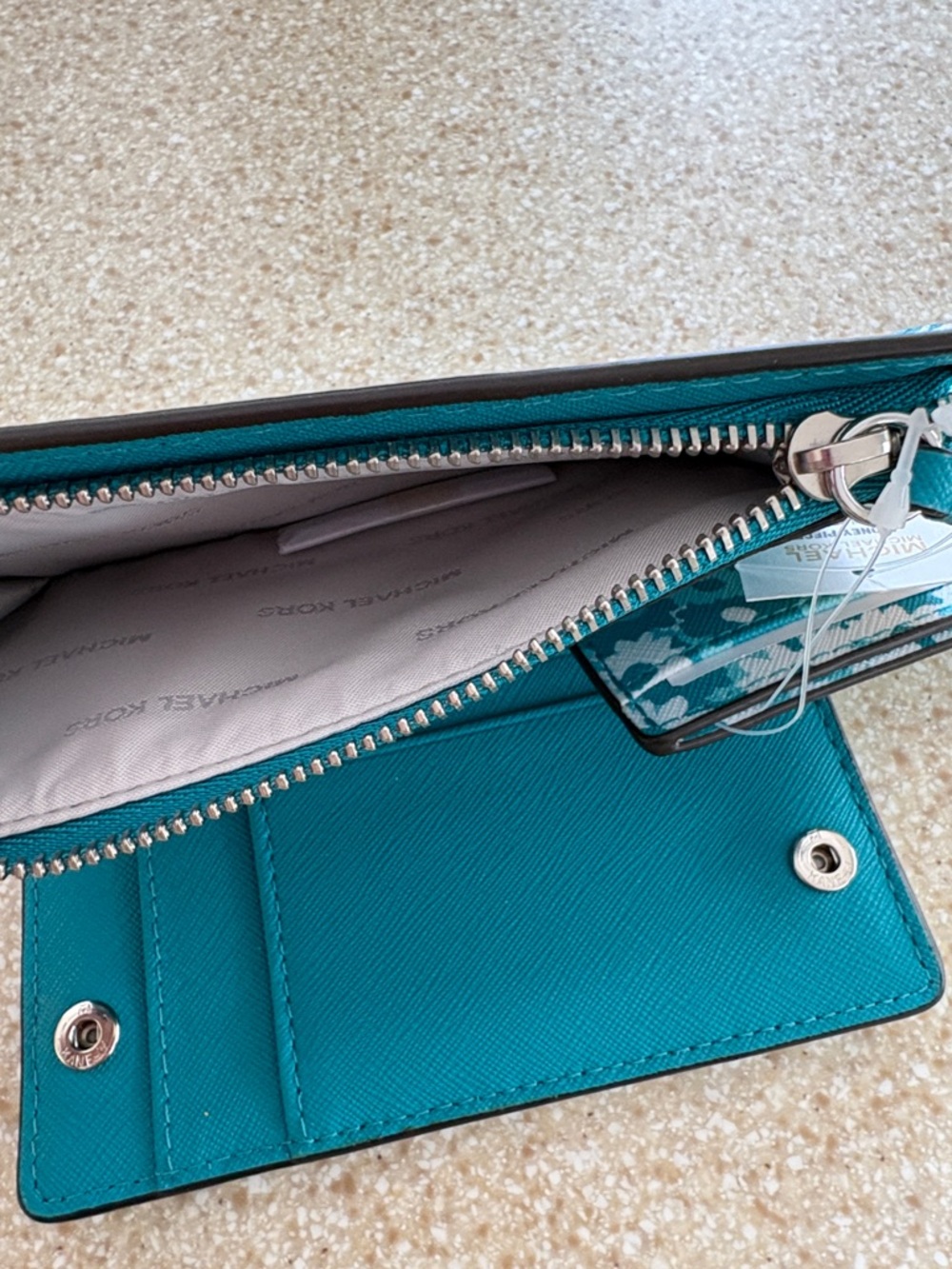 Michael Kors Teal Floral Medium Card Case Wallet - Picture 6 of 10